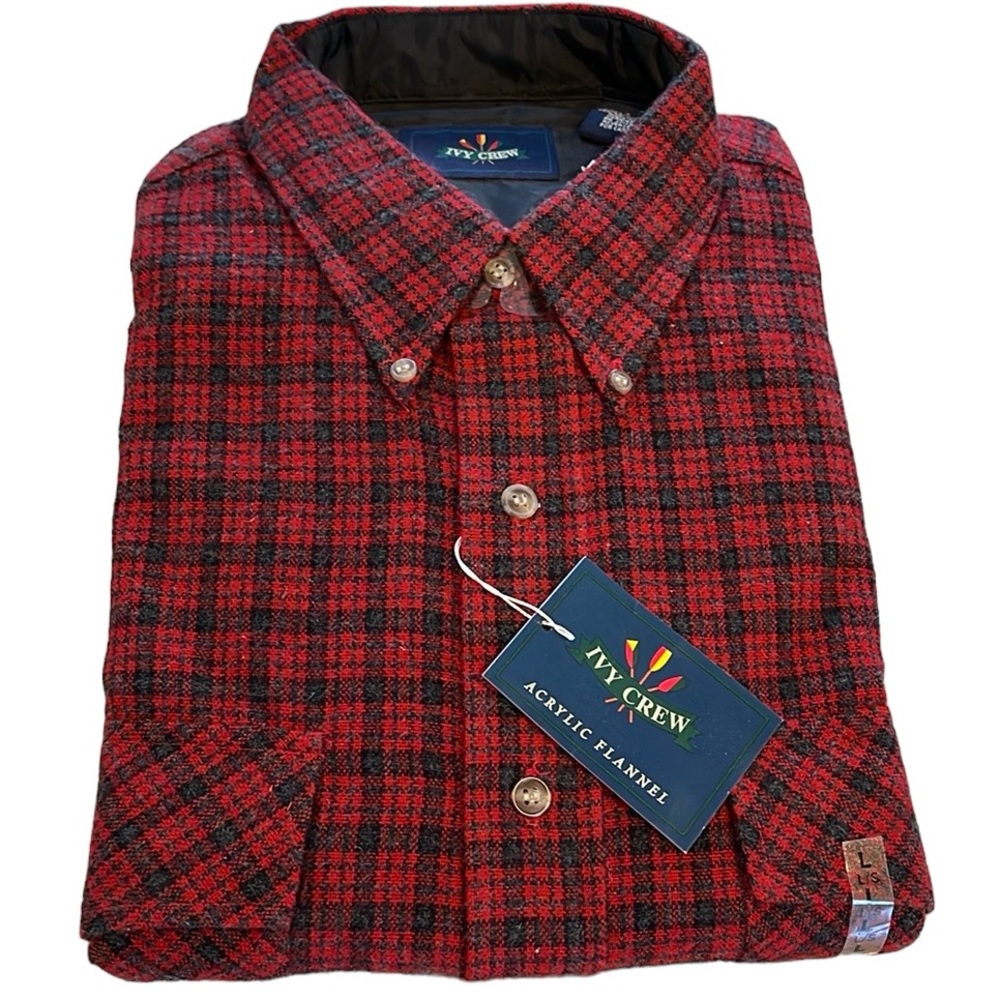 VINTAGE DEADSTOCK IVY CREW LONG SLEEVE FLANNEL PLAID SHIRT RED GRAY SIZE L NEW